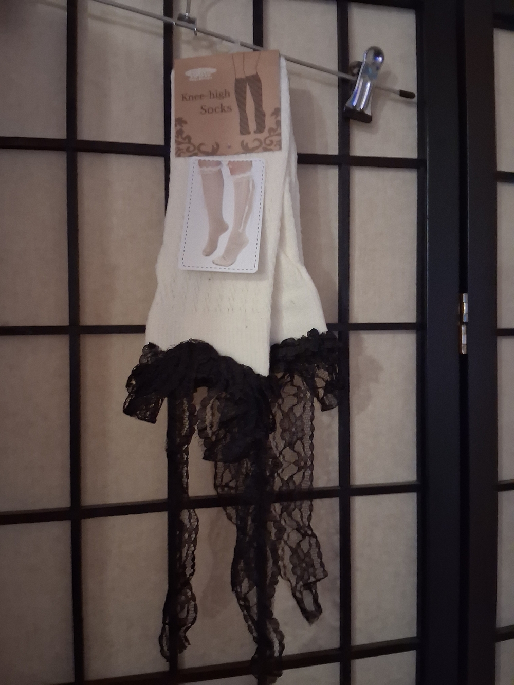 IC COLLECTION Cream Knee-High Socks with Black Lace Trim